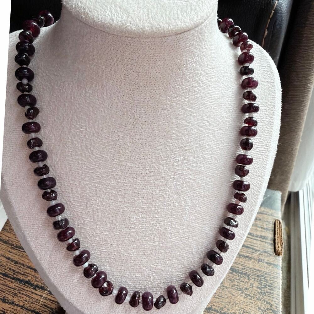 19" Beaded Gemstone Necklace, Tumbled Garnet, Deep Red and White, Silver Clasp